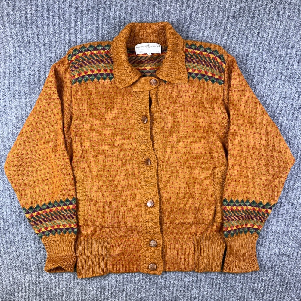 The Peruvian Connection Sweater Womens S Yellow Brown 100% Alpaca Cardigan Aztec